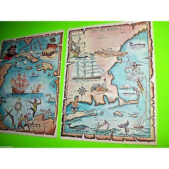 Lot Of 2 Art Prints Treasure Maps Pirate Ships Sea Monsters Ocean Whale Nautical - Picture 4 of 4